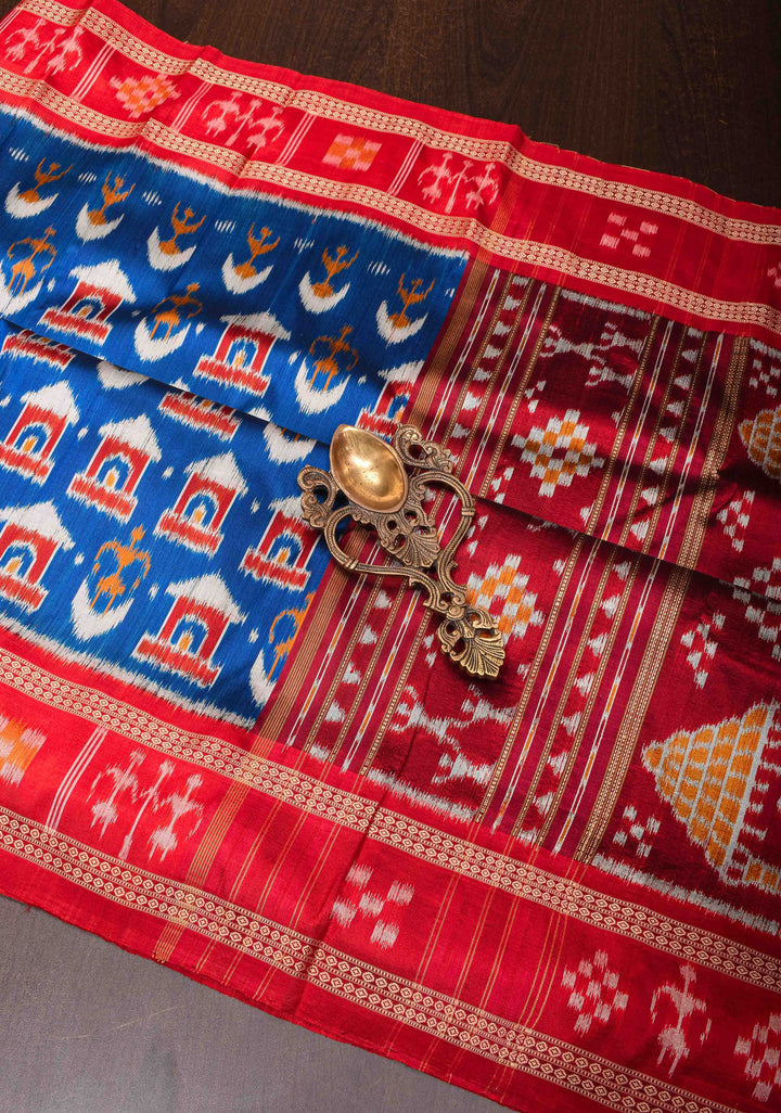 Blue Handloom Sambalpuri Ikkat Silk Saree with Dolabedi Weave and Contrast Border and Pallu, No Blouse Piece | SILK MARK CERTIFIED