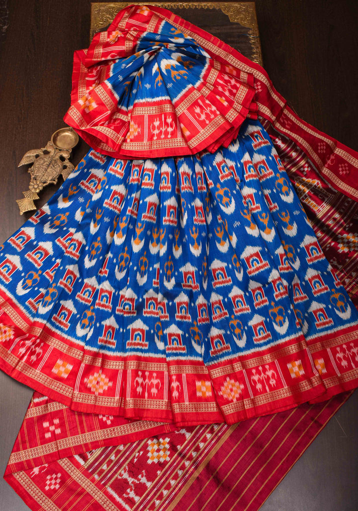 Blue Handloom Sambalpuri Ikkat Silk Saree with Dolabedi Weave and Contrast Border and Pallu, No Blouse Piece | SILK MARK CERTIFIED
