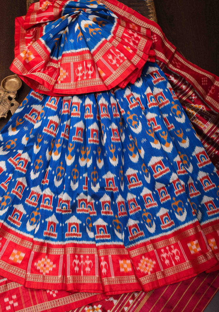 Blue Handloom Sambalpuri Ikkat Silk Saree with Dolabedi Weave and Contrast Border and Pallu, No Blouse Piece | SILK MARK CERTIFIED