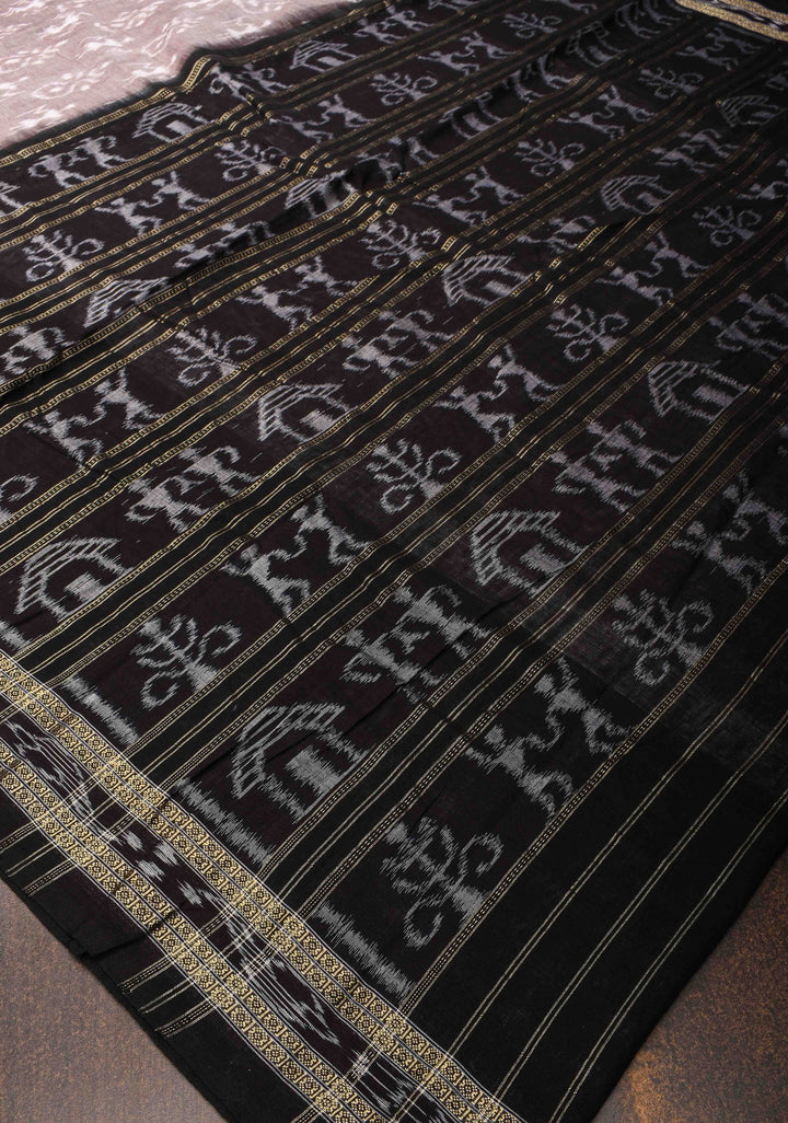 Smoky mauve Handloom Sambalpuri Cotton Saree with Contrast Black Border and Pallu (No Blouse Piece )