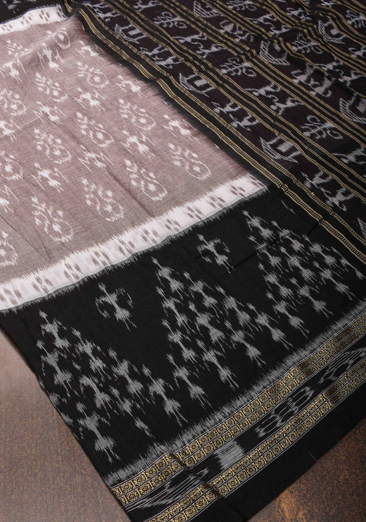 Smoky mauve Handloom Sambalpuri Cotton Saree with Contrast Black Border and Pallu (No Blouse Piece )