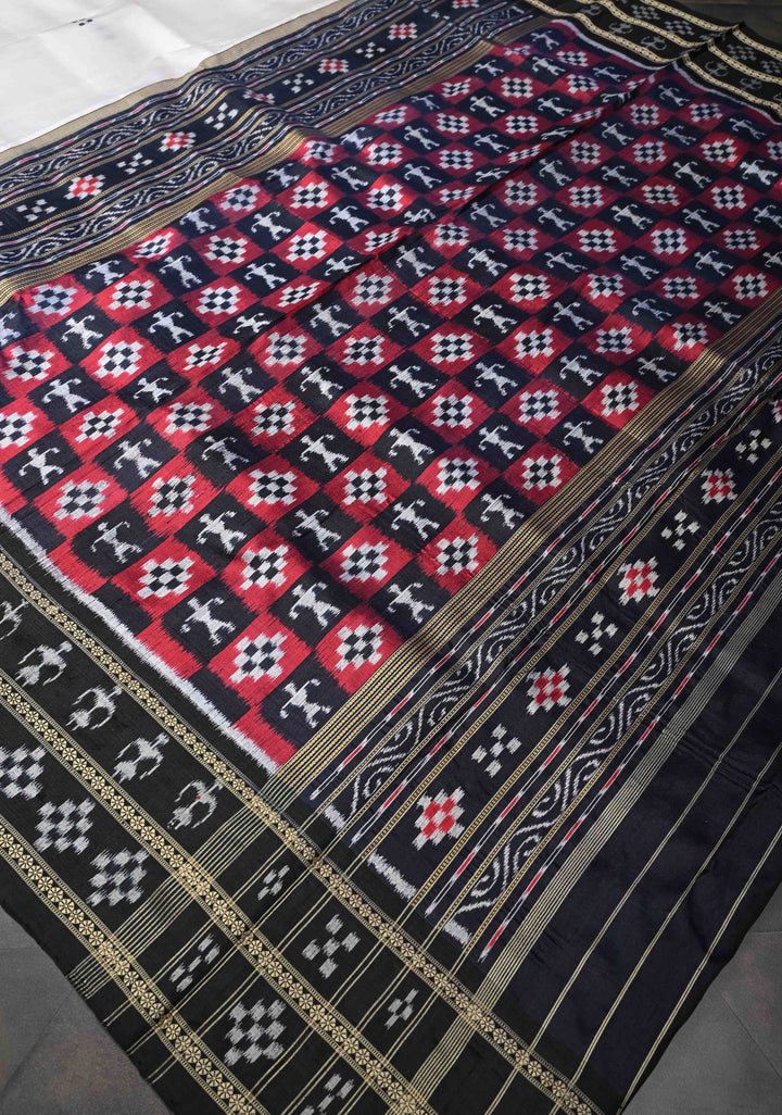 Off White Handloom Sambalpuri Ikkat Silk Saree with Contrast Dolabedi Border and No Blouse Piece | SILK MARK CERTIFIED