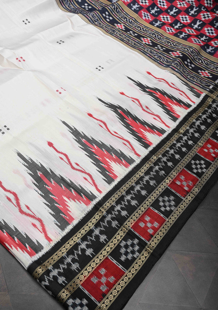 Off White Handloom Sambalpuri Ikkat Silk Saree with Contrast Dolabedi Border and No Blouse Piece | SILK MARK CERTIFIED