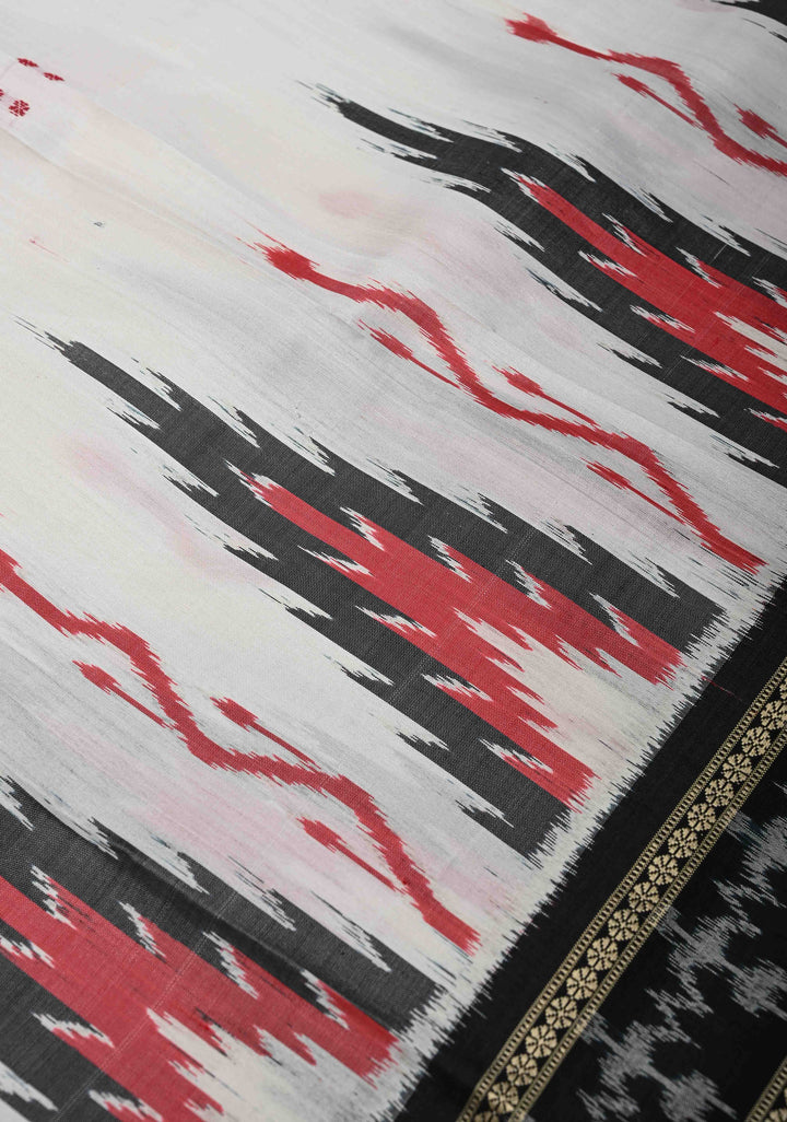 Off White Handloom Sambalpuri Ikkat Silk Saree with Contrast Dolabedi Border and No Blouse Piece | SILK MARK CERTIFIED