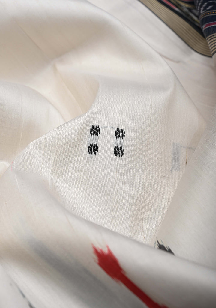 Off White Handloom Sambalpuri Ikkat Silk Saree with Contrast Dolabedi Border and No Blouse Piece | SILK MARK CERTIFIED
