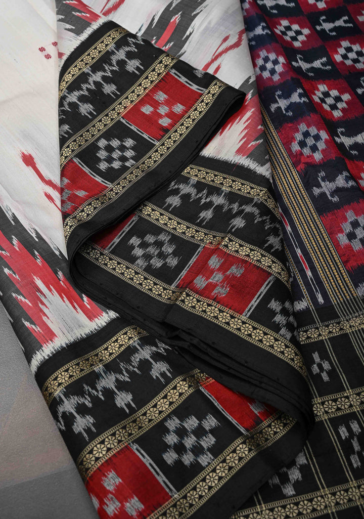 Off White Handloom Sambalpuri Ikkat Silk Saree with Contrast Dolabedi Border and No Blouse Piece | SILK MARK CERTIFIED