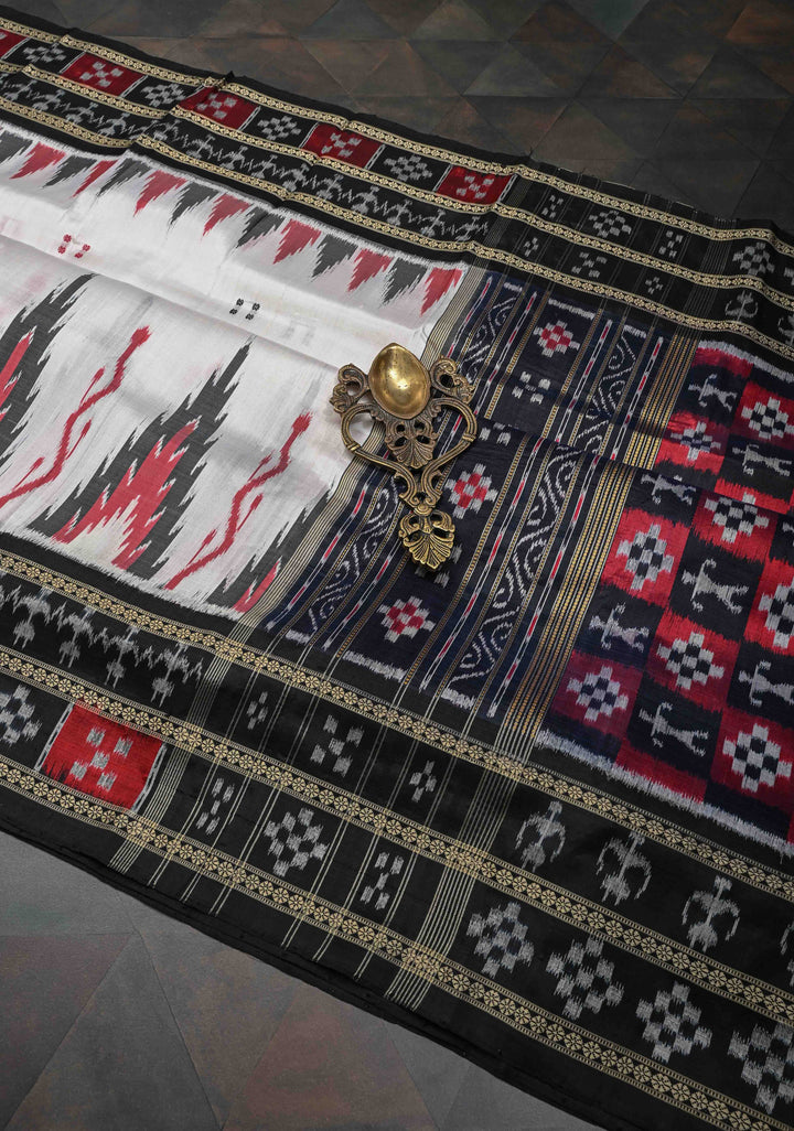 Off White Handloom Sambalpuri Ikkat Silk Saree with Contrast Dolabedi Border and No Blouse Piece | SILK MARK CERTIFIED