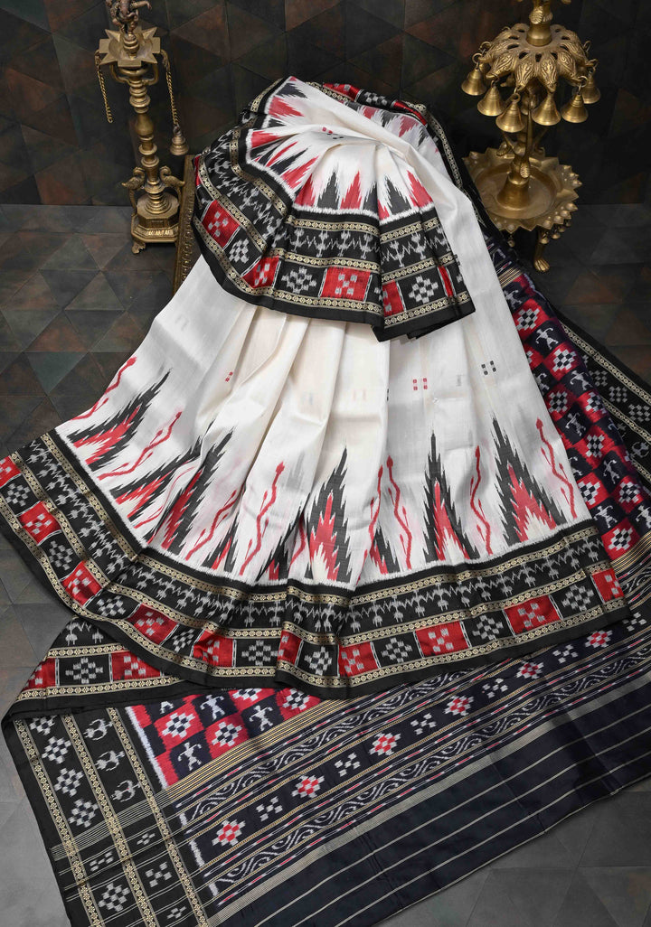 Off White Handloom Sambalpuri Ikkat Silk Saree with Contrast Dolabedi Border and No Blouse Piece | SILK MARK CERTIFIED