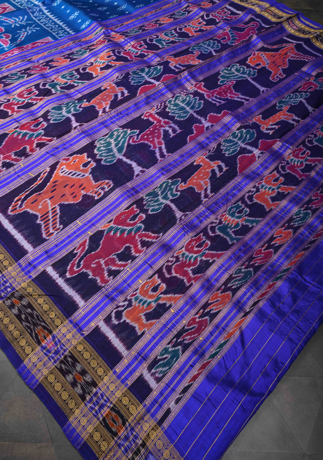 Blue Handloom Sambalpuri Ikkat Silk Saree with Contrast Border and No Blouse Piece | SILK MARK CERTIFIED