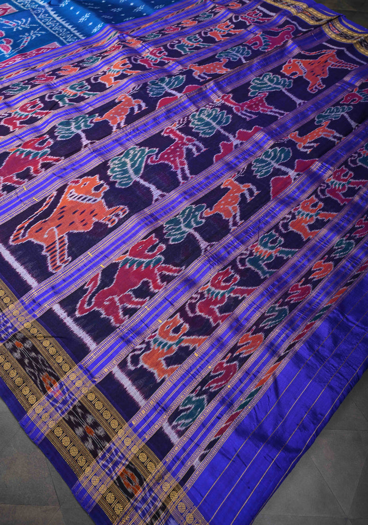 Blue Handloom Sambalpuri Ikkat Silk Saree with Contrast Border and No Blouse Piece | SILK MARK CERTIFIED