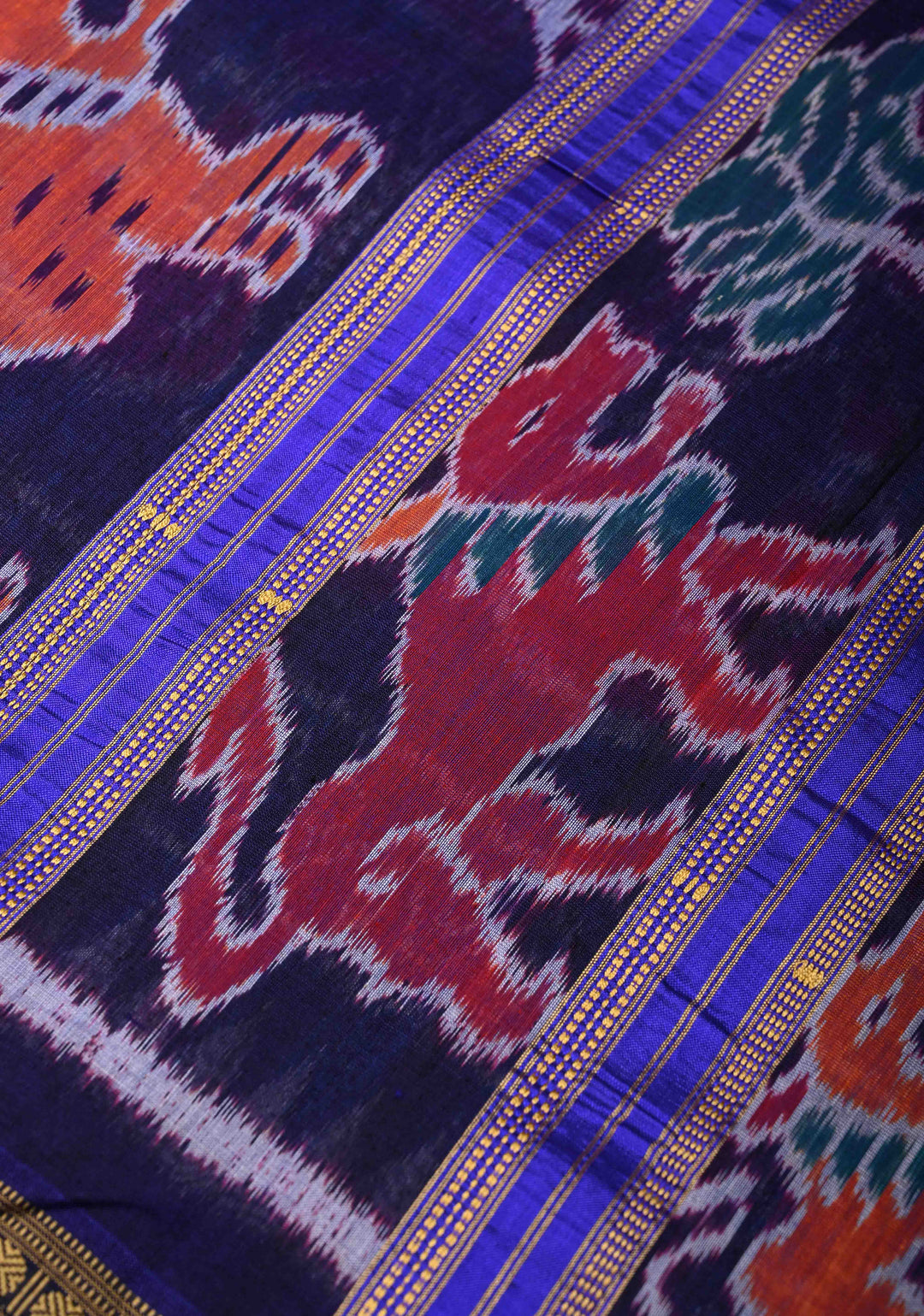 Blue Handloom Sambalpuri Ikkat Silk Saree with Contrast Border and No Blouse Piece | SILK MARK CERTIFIED