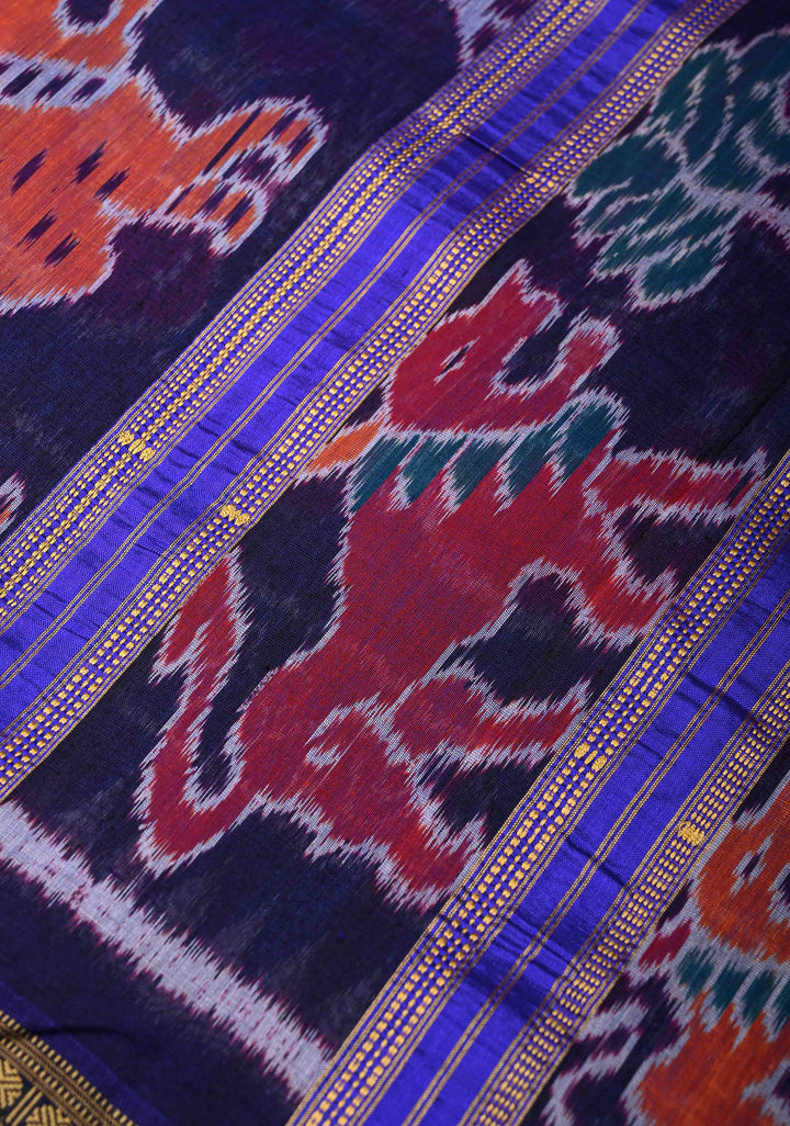 Blue Handloom Sambalpuri Ikkat Silk Saree with Contrast Border and No Blouse Piece | SILK MARK CERTIFIED