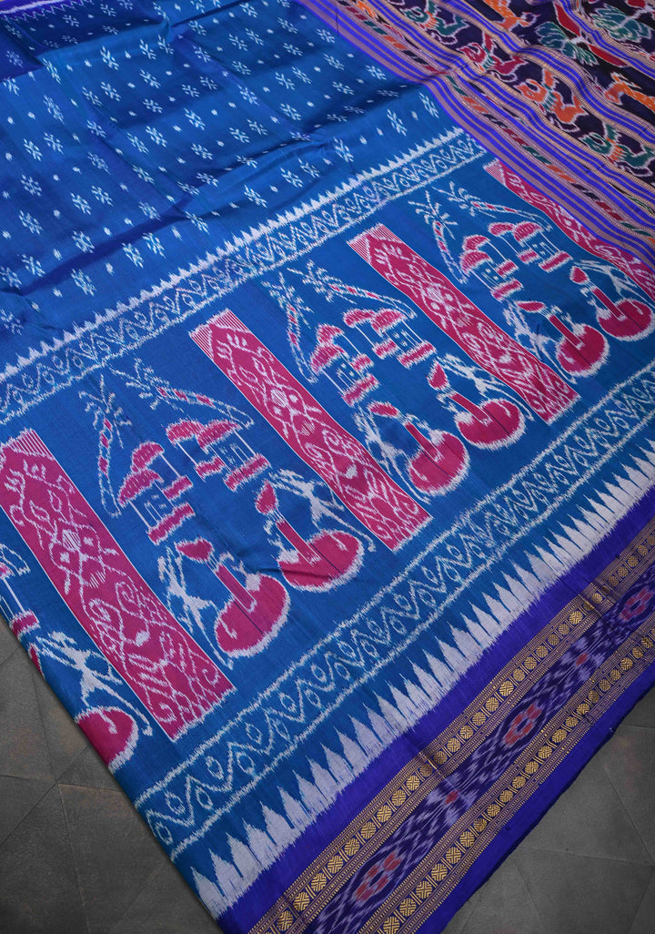 Blue Handloom Sambalpuri Ikkat Silk Saree with Contrast Border and No Blouse Piece | SILK MARK CERTIFIED