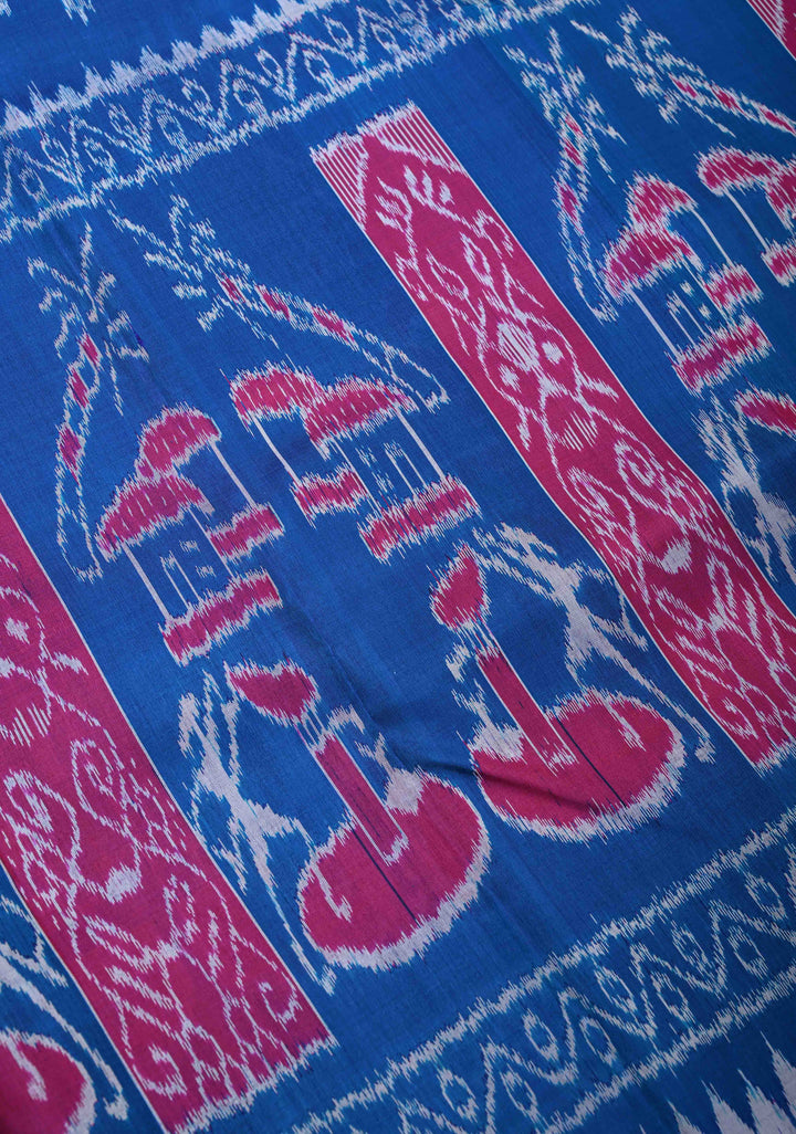 Blue Handloom Sambalpuri Ikkat Silk Saree with Contrast Border and No Blouse Piece | SILK MARK CERTIFIED