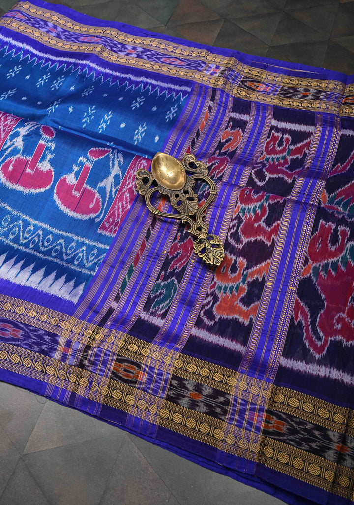 Blue Handloom Sambalpuri Ikkat Silk Saree with Contrast Border and No Blouse Piece | SILK MARK CERTIFIED