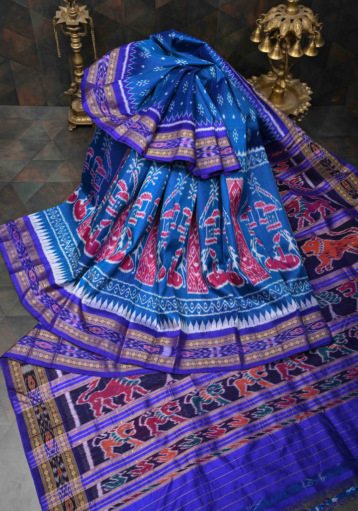 Blue Handloom Sambalpuri Ikkat Silk Saree with Contrast Border and No Blouse Piece | SILK MARK CERTIFIED