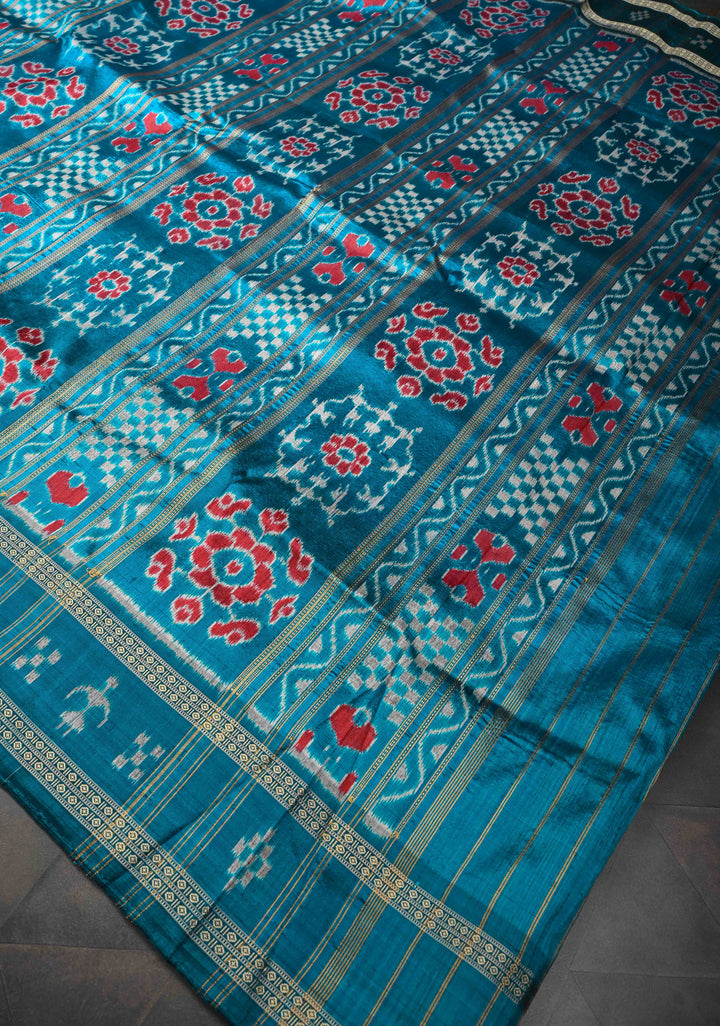Off White Handloom Sambalpuri Ikkat Silk Saree with Contrast Dolabedi Border and No Blouse Piece| SILK MARK CERTIFIED