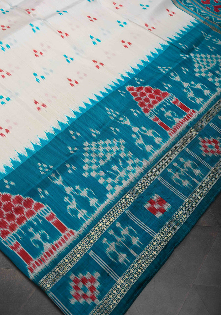 Off White Handloom Sambalpuri Ikkat Silk Saree with Contrast Dolabedi Border and No Blouse Piece| SILK MARK CERTIFIED