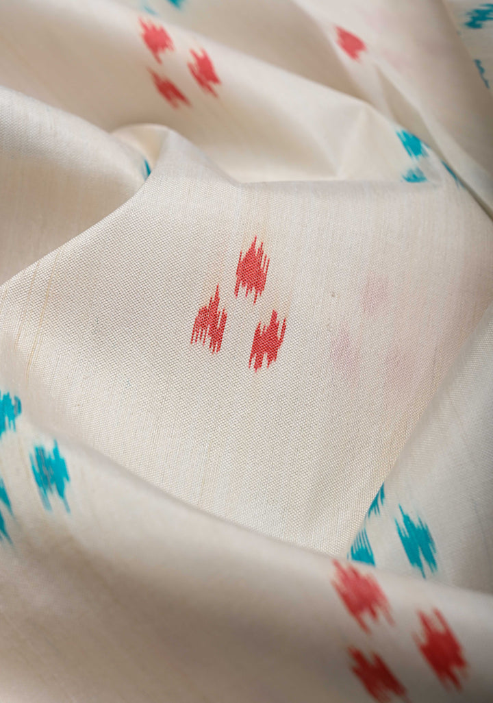 Off White Handloom Sambalpuri Ikkat Silk Saree with Contrast Dolabedi Border and No Blouse Piece| SILK MARK CERTIFIED