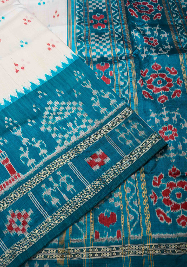 Off White Handloom Sambalpuri Ikkat Silk Saree with Contrast Dolabedi Border and No Blouse Piece| SILK MARK CERTIFIED