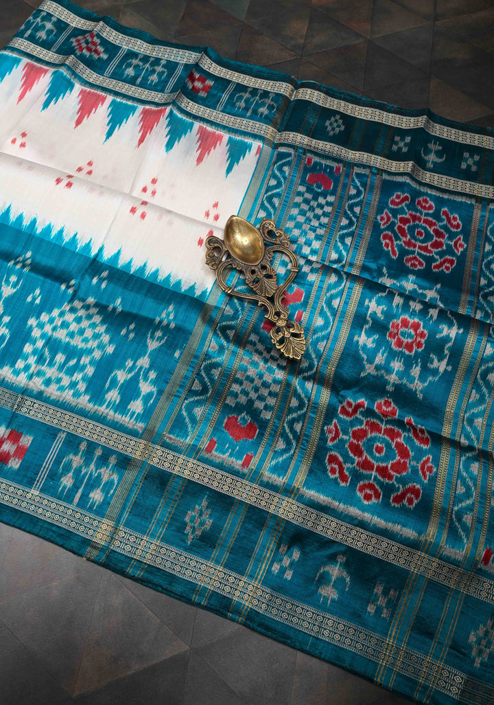 Off White Handloom Sambalpuri Ikkat Silk Saree with Contrast Dolabedi Border and No Blouse Piece| SILK MARK CERTIFIED