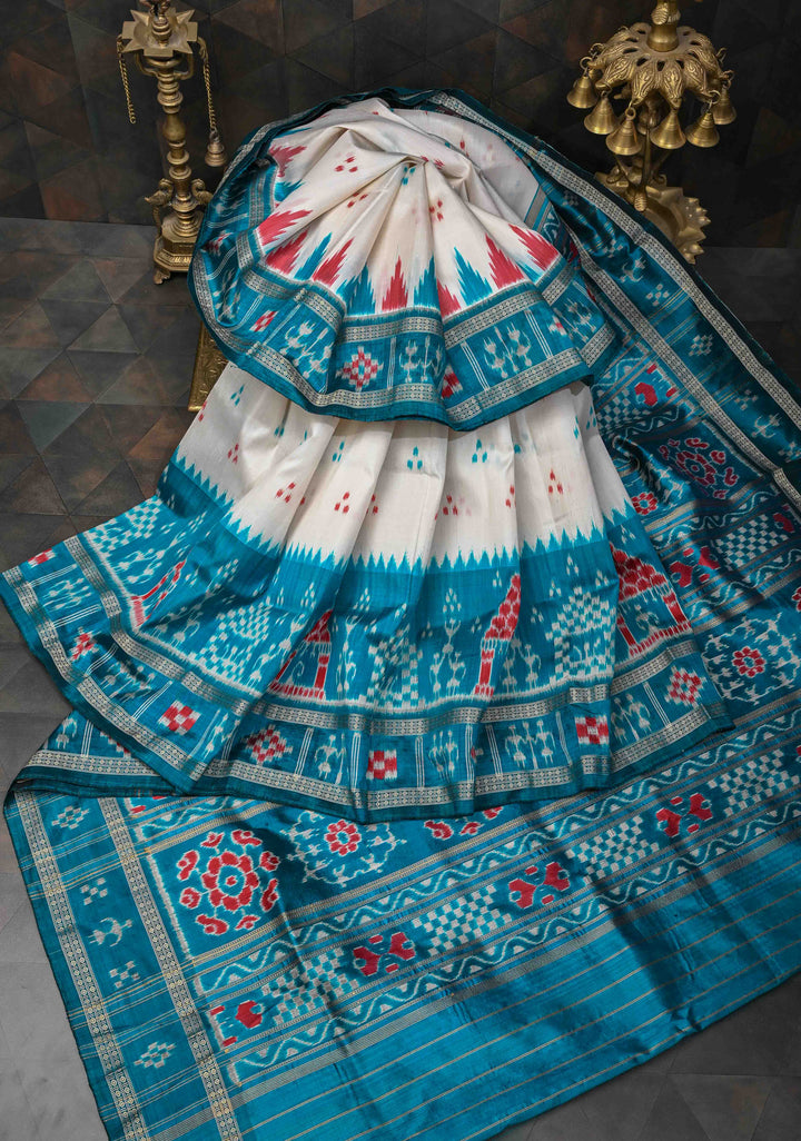 Off White Handloom Sambalpuri Ikkat Silk Saree with Contrast Dolabedi Border and No Blouse Piece| SILK MARK CERTIFIED