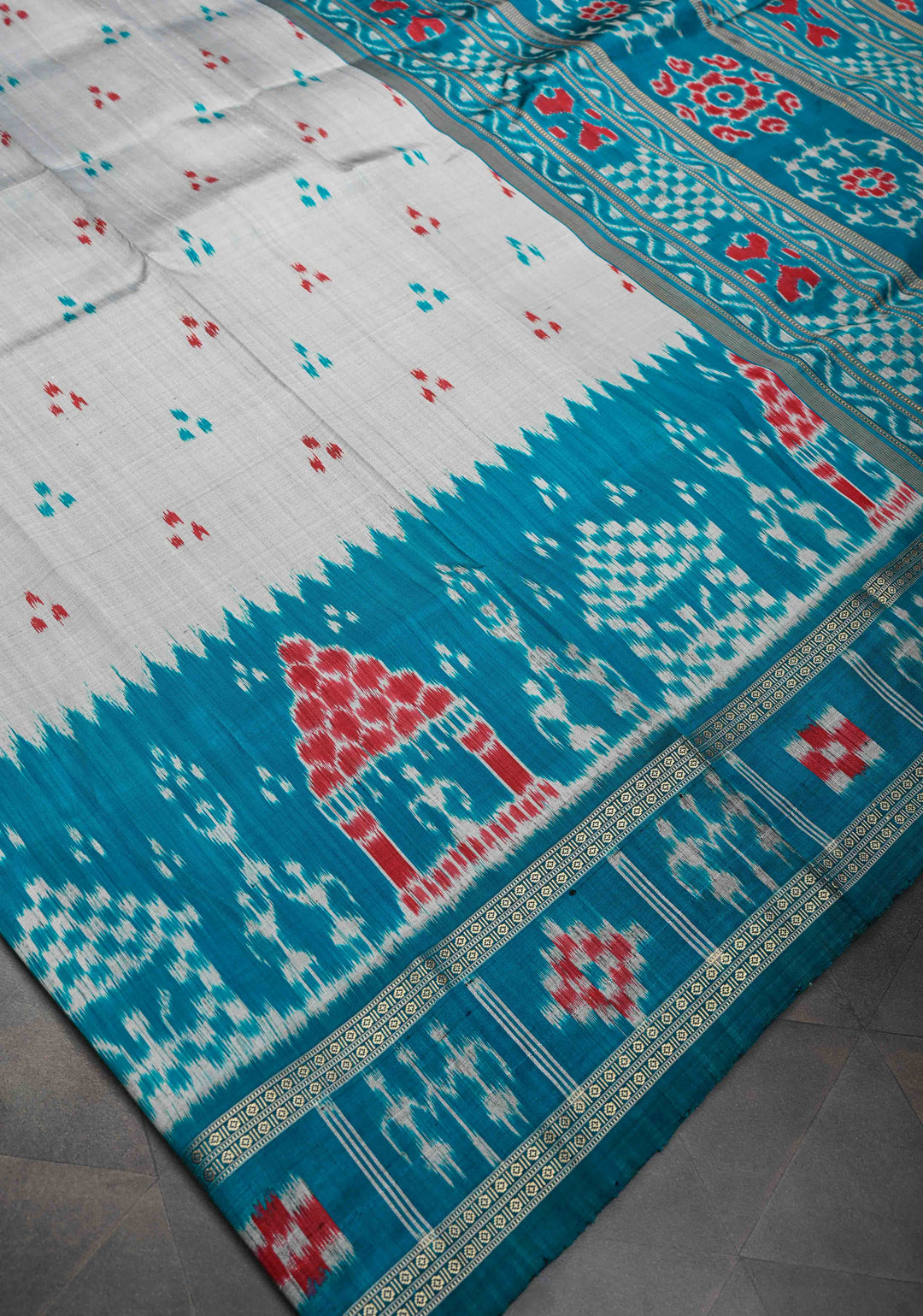 Gray Handloom Sambalpuri Ikkat Silk Saree with Contrast Dolabedi Border and No Blouse Piece| SILK MARK CERTIFIED