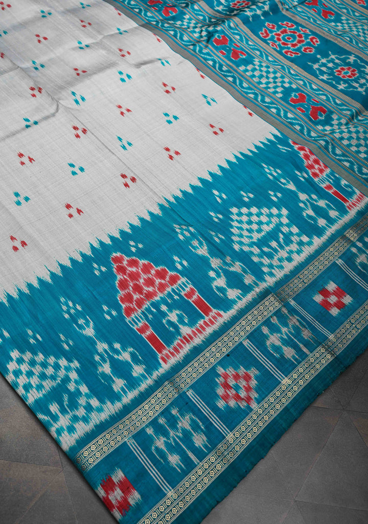 Gray Handloom Sambalpuri Ikkat Silk Saree with Contrast Dolabedi Border and No Blouse Piece| SILK MARK CERTIFIED