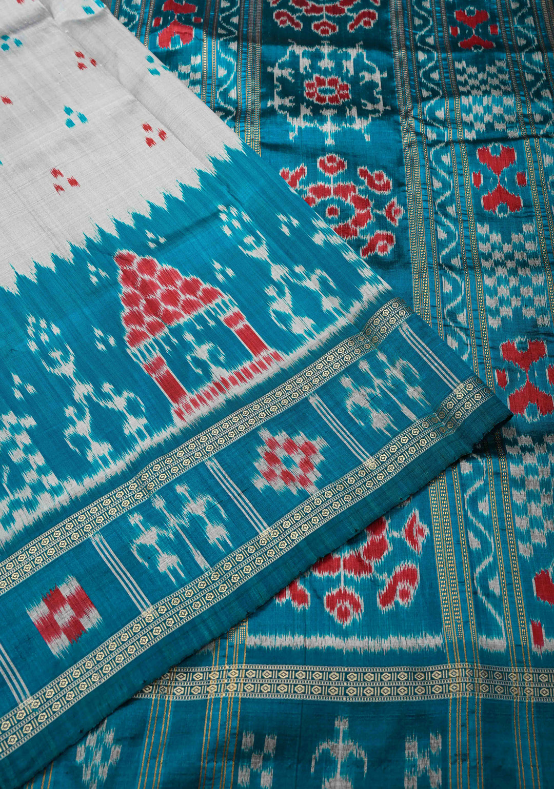 Gray Handloom Sambalpuri Ikkat Silk Saree with Contrast Dolabedi Border and No Blouse Piece| SILK MARK CERTIFIED