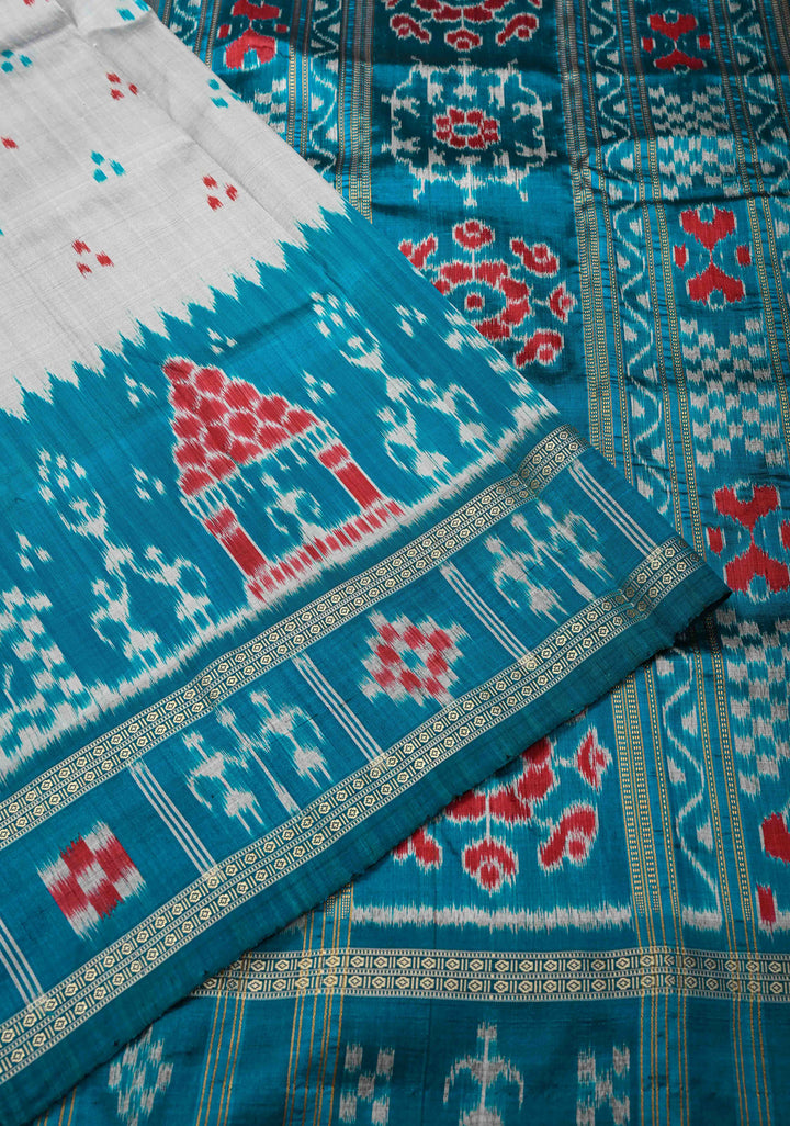 Gray Handloom Sambalpuri Ikkat Silk Saree with Contrast Dolabedi Border and No Blouse Piece| SILK MARK CERTIFIED