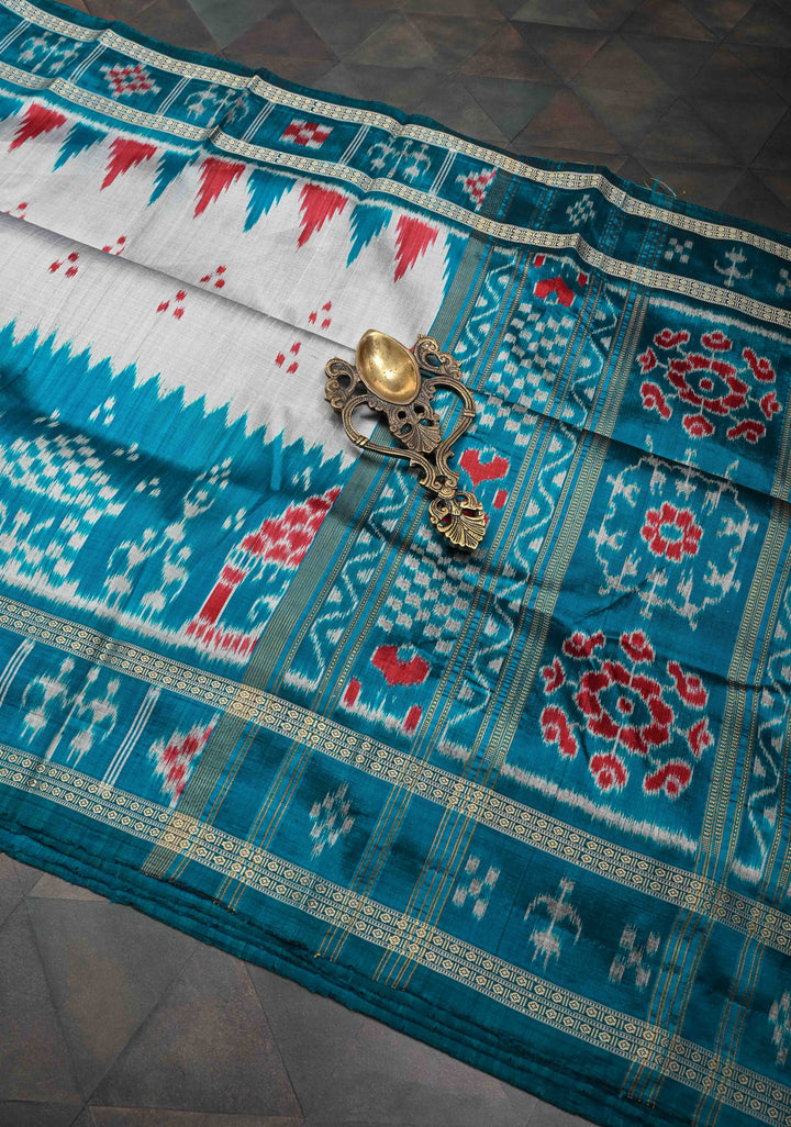 Gray Handloom Sambalpuri Ikkat Silk Saree with Contrast Dolabedi Border and No Blouse Piece| SILK MARK CERTIFIED
