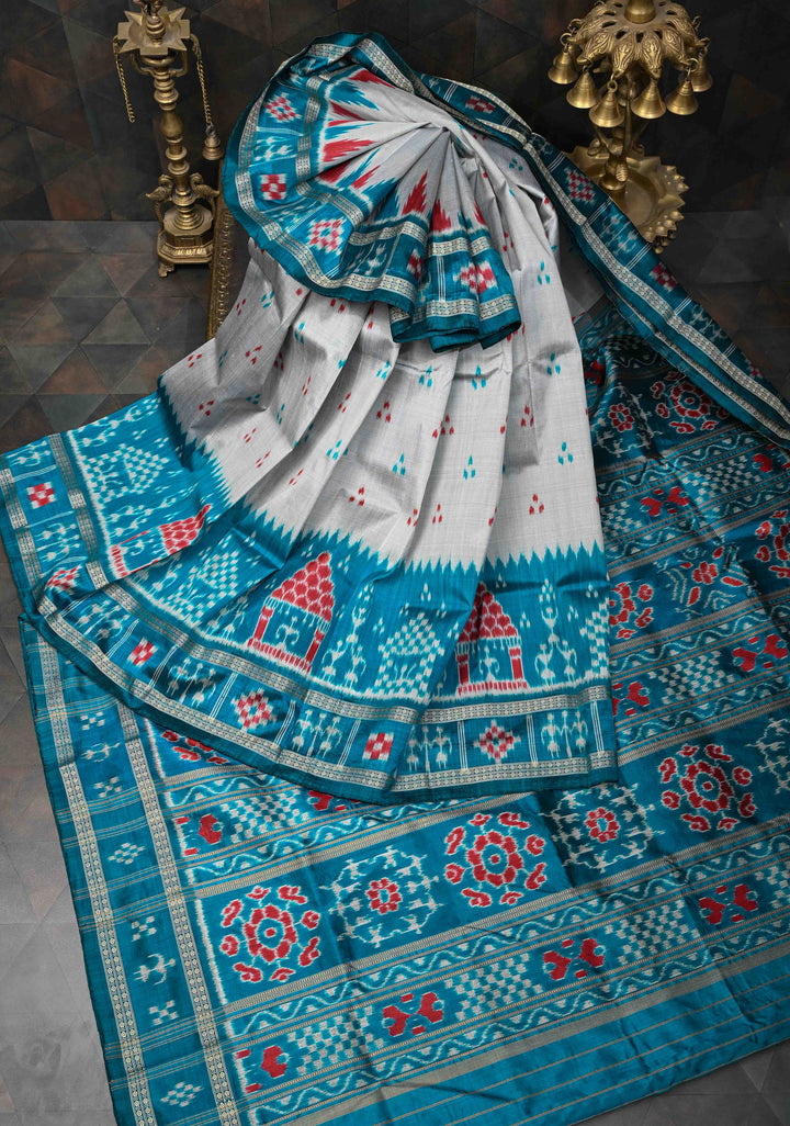 Gray Handloom Sambalpuri Ikkat Silk Saree with Contrast Dolabedi Border and No Blouse Piece| SILK MARK CERTIFIED