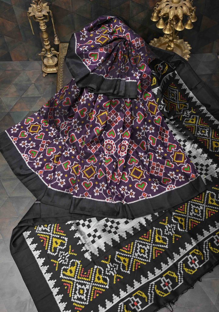 Purple Handloom Sambalpuri Ikkat Silk Saree with Contrast Border  | SILK MARK CERTIFIED