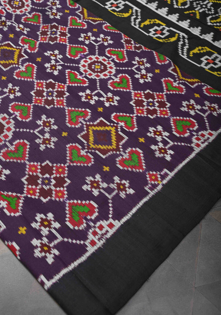Purple Handloom Sambalpuri Ikkat Silk Saree with Contrast Border  | SILK MARK CERTIFIED