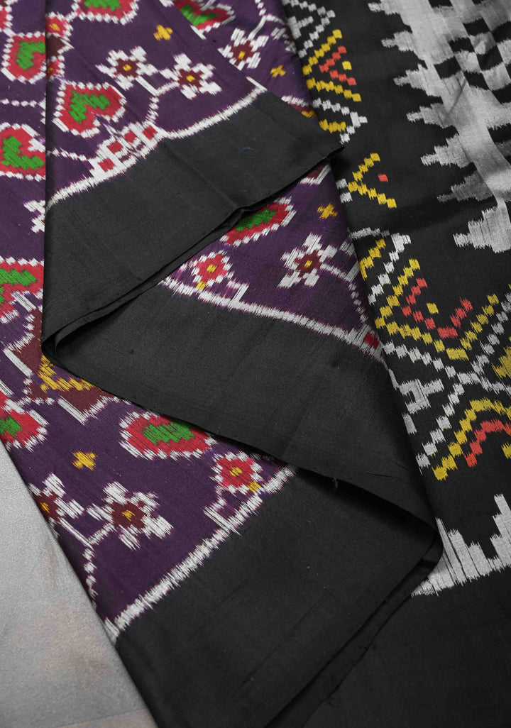 Purple Handloom Sambalpuri Ikkat Silk Saree with Contrast Border  | SILK MARK CERTIFIED