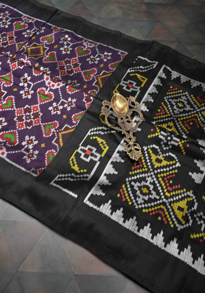 Purple Handloom Sambalpuri Ikkat Silk Saree with Contrast Border  | SILK MARK CERTIFIED