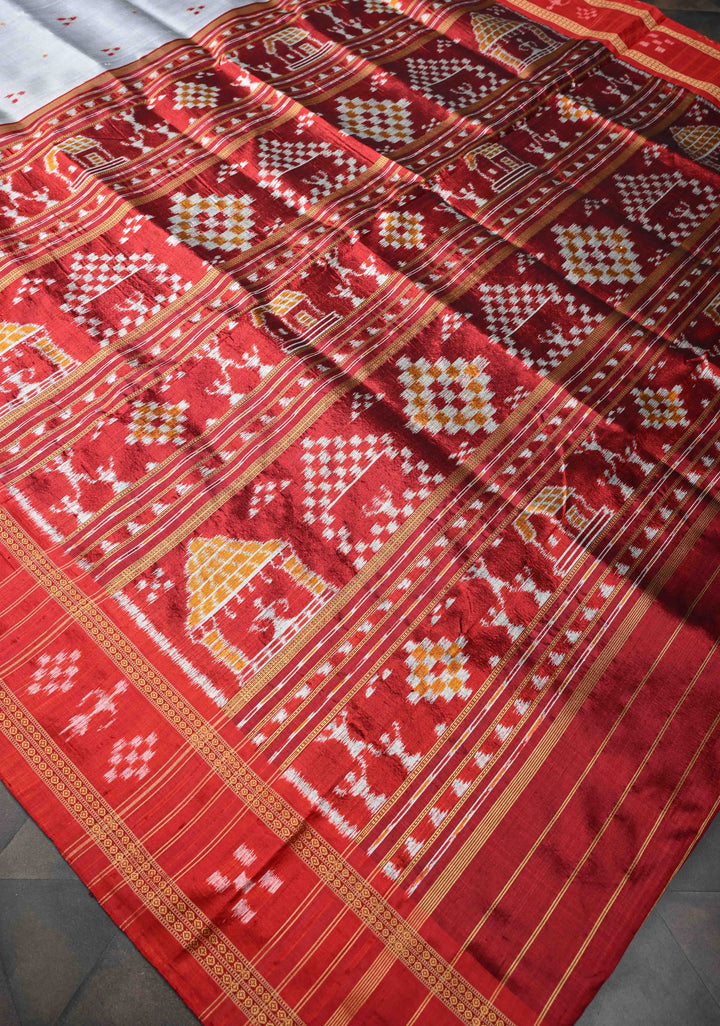 White Handloom Sambalpuri Ikkat Silk Saree with Dolabedi Border , No Blouse Piece| SILK MARK CERTIFIED