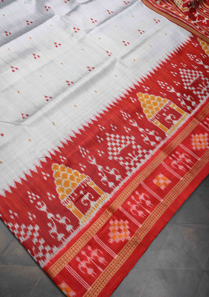 White Handloom Sambalpuri Ikkat Silk Saree with Dolabedi Border , No Blouse Piece| SILK MARK CERTIFIED