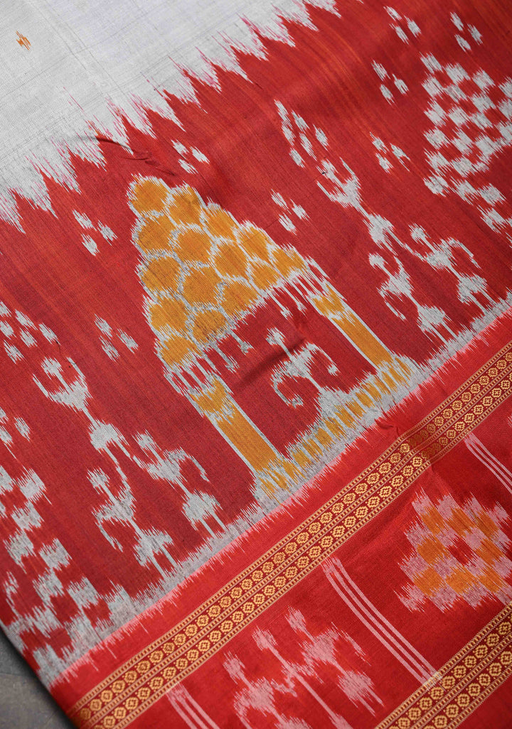 White Handloom Sambalpuri Ikkat Silk Saree with Dolabedi Border , No Blouse Piece| SILK MARK CERTIFIED