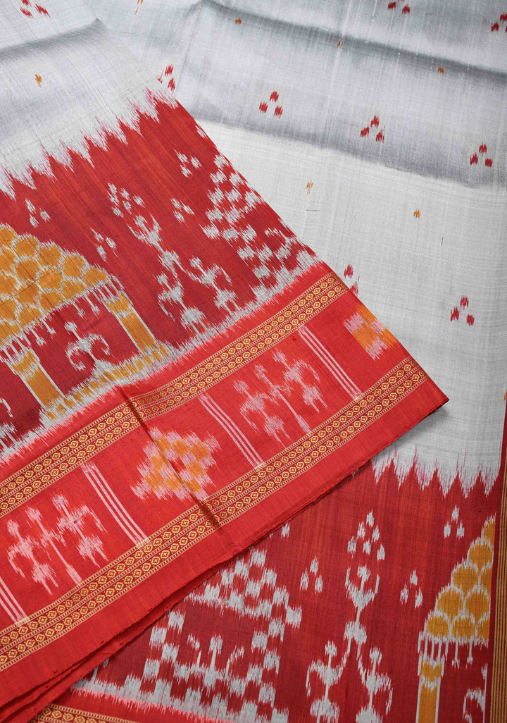 White Handloom Sambalpuri Ikkat Silk Saree with Dolabedi Border , No Blouse Piece| SILK MARK CERTIFIED
