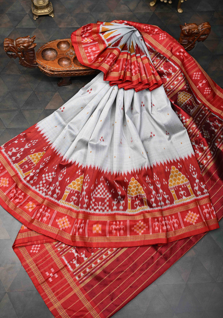 White Handloom Sambalpuri Ikkat Silk Saree with Dolabedi Border , No Blouse Piece| SILK MARK CERTIFIED