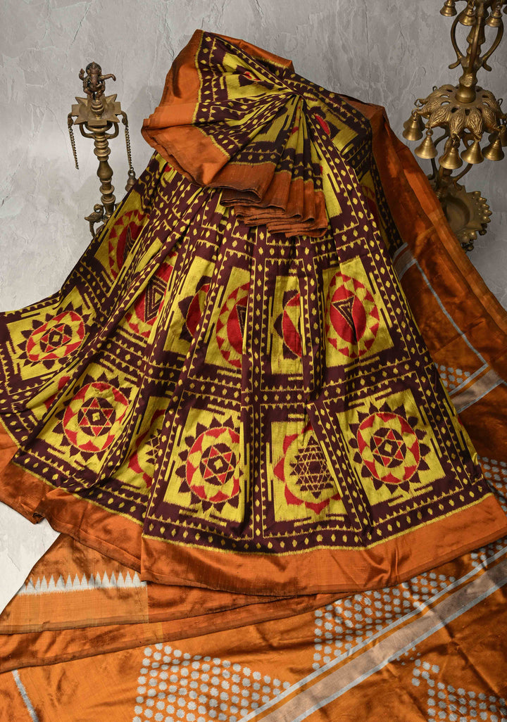 Brown Handloom Sambalpuri Ikkat Silk Saree with Yantra Motifs and Contrast Border, No Blouse Piece | SILK MARK CERTIFIED