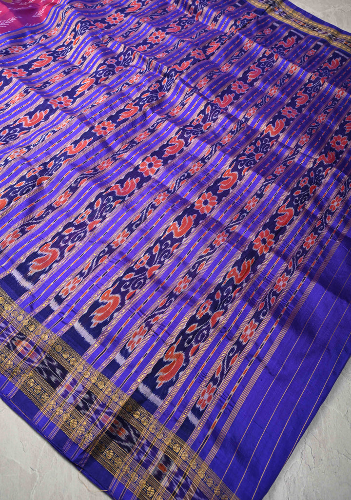 Majenta Handloom Sambalpuri Ikkat Silk Saree with Contrast Border, No Blouse Piece | SILK MARK CERTIFIED