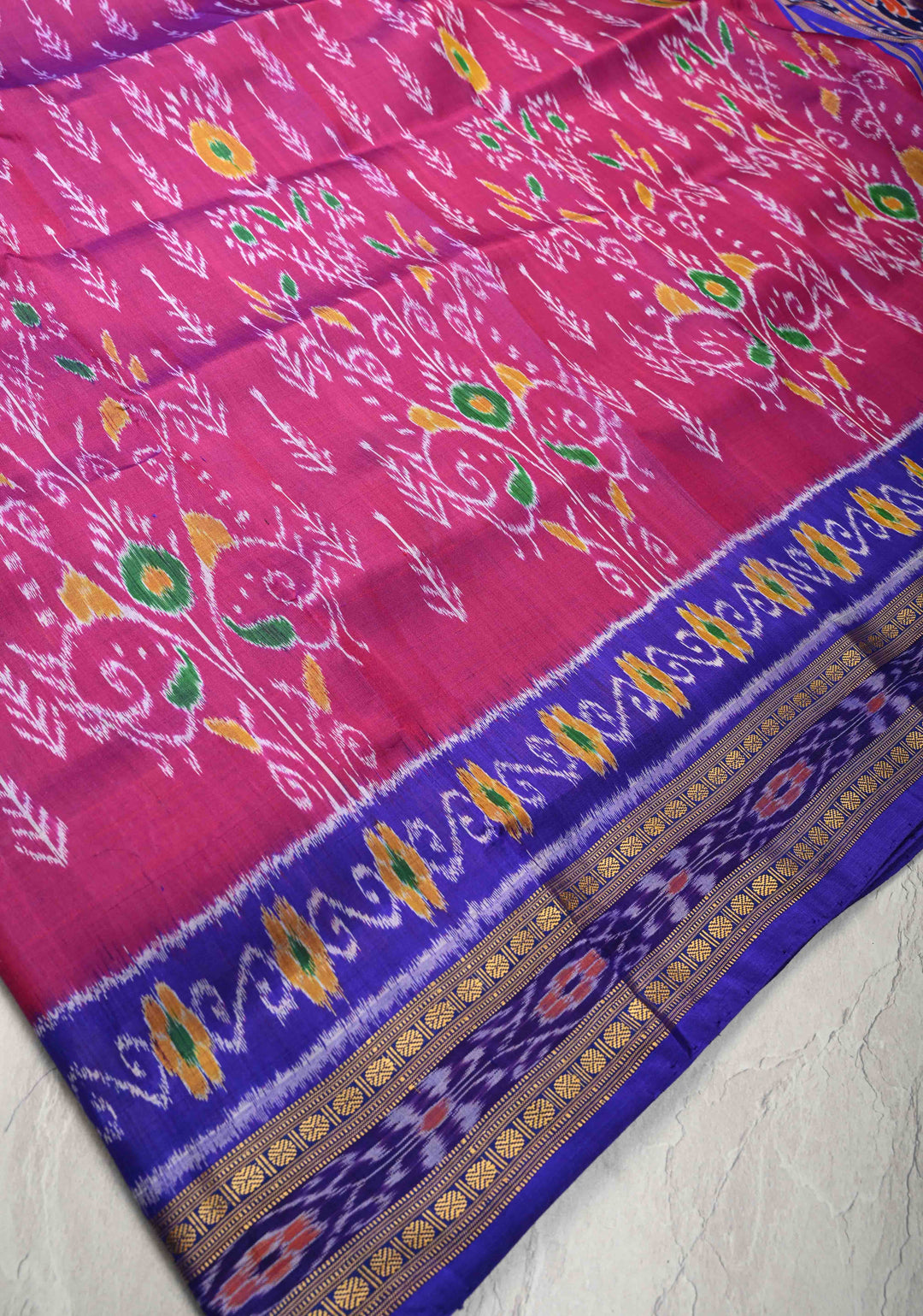 Majenta Handloom Sambalpuri Ikkat Silk Saree with Contrast Border, No Blouse Piece | SILK MARK CERTIFIED