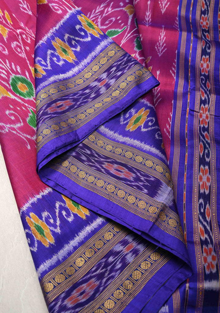 Majenta Handloom Sambalpuri Ikkat Silk Saree with Contrast Border, No Blouse Piece | SILK MARK CERTIFIED