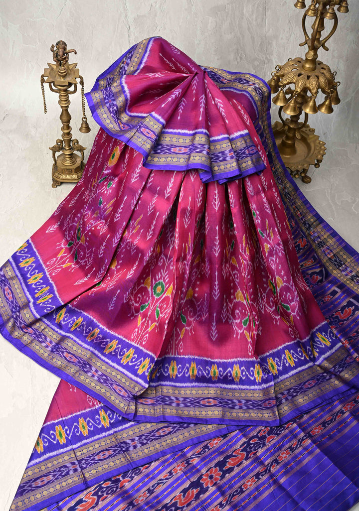 Majenta Handloom Sambalpuri Ikkat Silk Saree with Contrast Border, No Blouse Piece | SILK MARK CERTIFIED