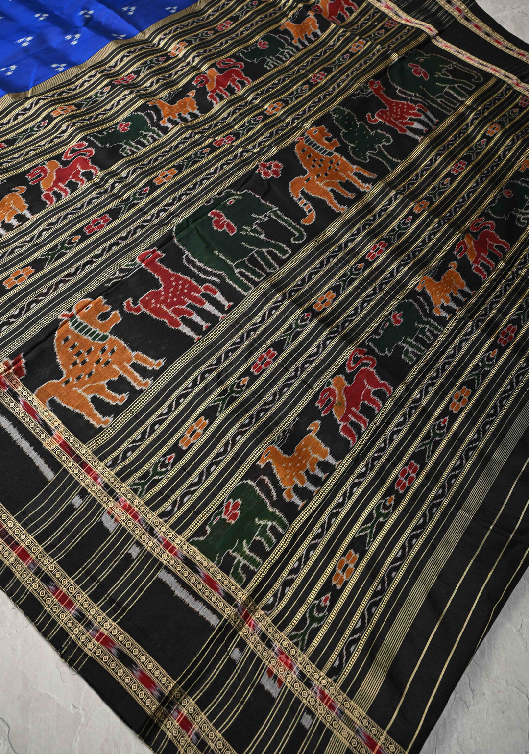 Sambalpuri Ikkat Silk Saree with Dolabedi Border in Blue and Black, No Blouse Piece | SILK MARK CERTIFIED