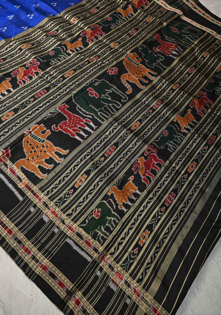 Sambalpuri Ikkat Silk Saree with Dolabedi Border in Blue and Black, No Blouse Piece | SILK MARK CERTIFIED
