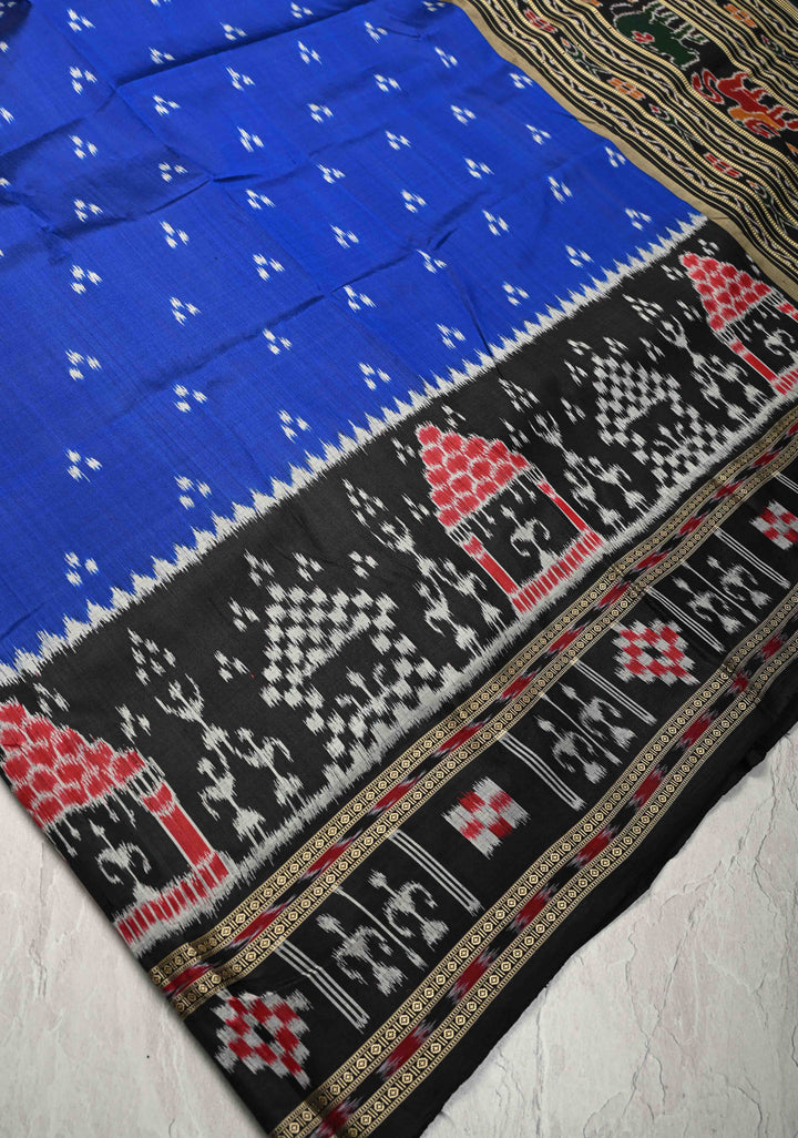 Sambalpuri Ikkat Silk Saree with Dolabedi Border in Blue and Black, No Blouse Piece | SILK MARK CERTIFIED