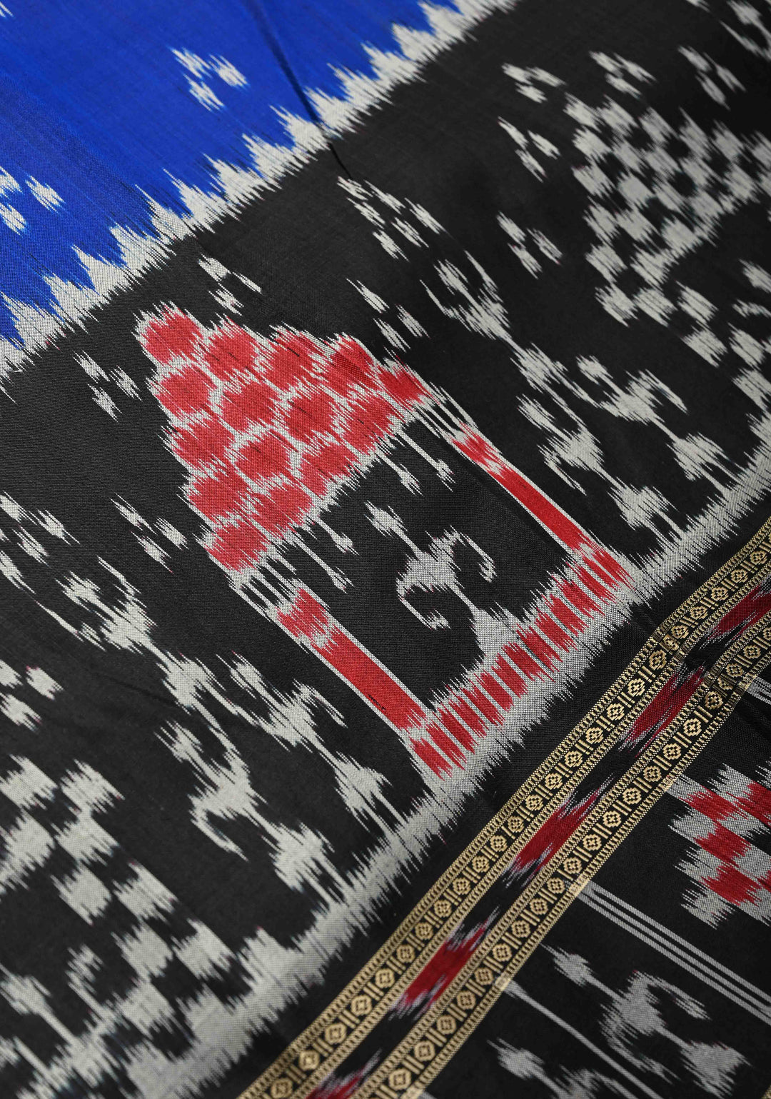 Sambalpuri Ikkat Silk Saree with Dolabedi Border in Blue and Black, No Blouse Piece | SILK MARK CERTIFIED